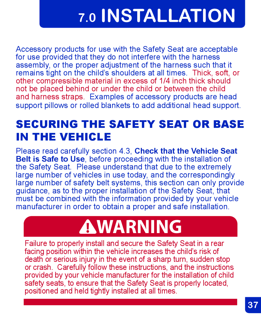 Baby Trend CSO190AD809 manual Installation, Securing the Safety Seat or Base in the Vehicle 