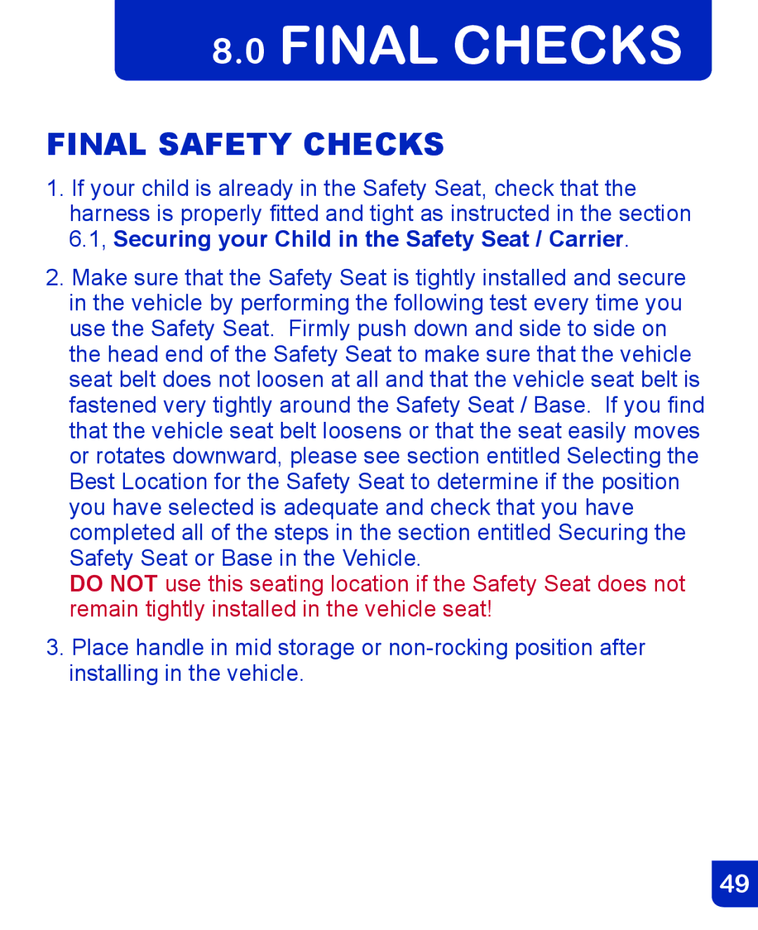 Baby Trend CSO190AD809 manual Final Checks, Final Safety Checks 