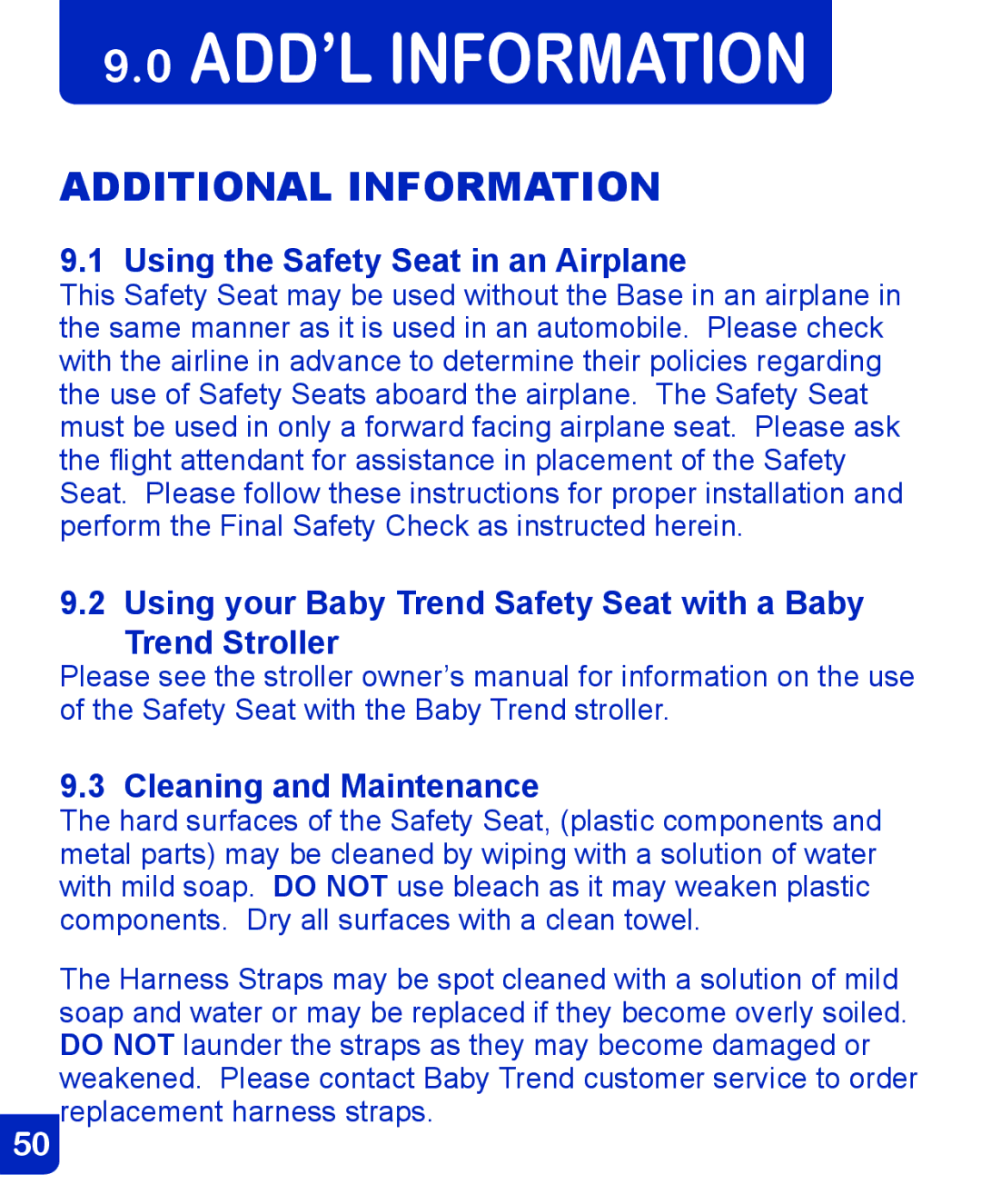 Baby Trend CSO190AD809 manual ADD’L Information, Additional Information, Using the Safety Seat in an Airplane 