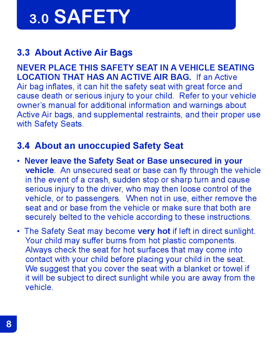 Baby Trend CSO190AD809 manual About Active Air Bags About an unoccupied Safety Seat 