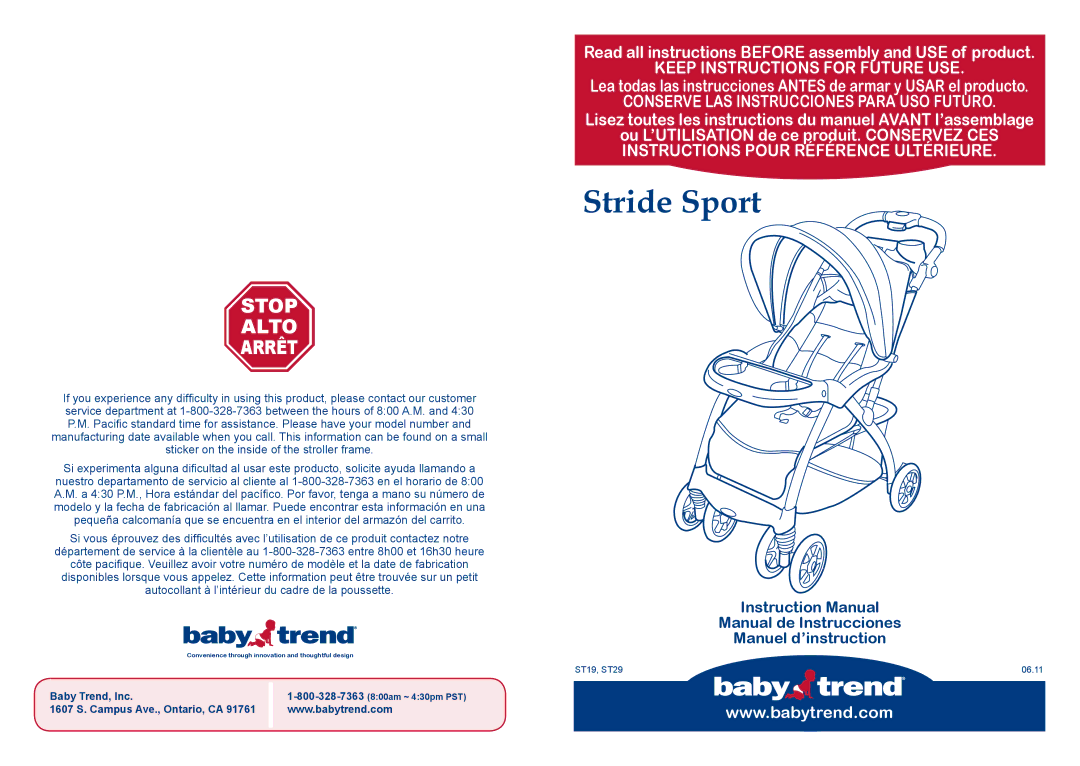 Baby Trend ST29, ST19 manual Stride Sport 