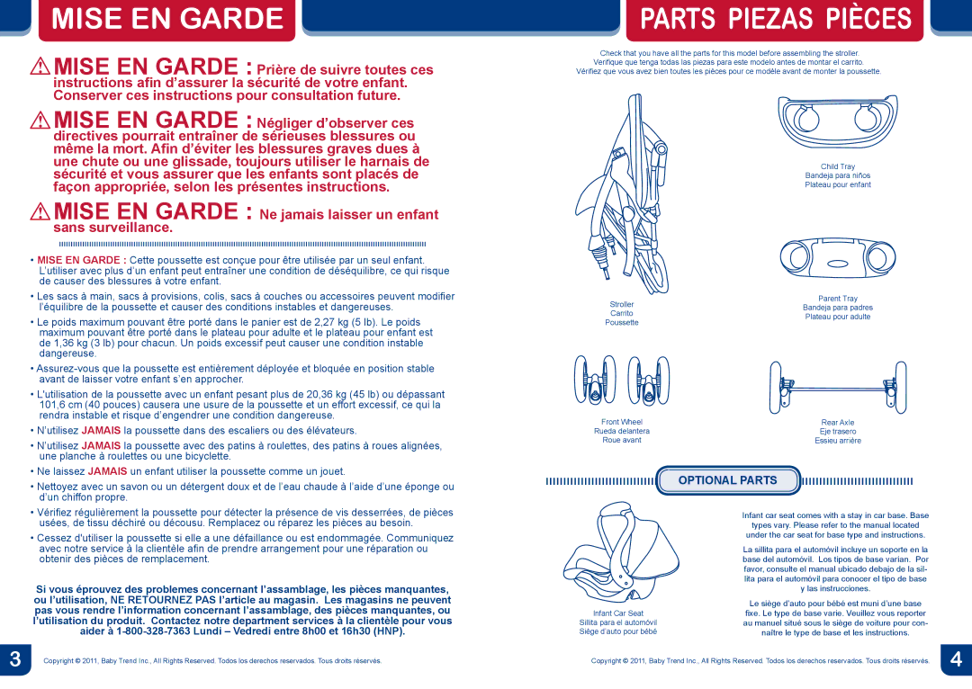 Baby Trend ST29, ST19 manual Mise EN Garde, Optional Parts 