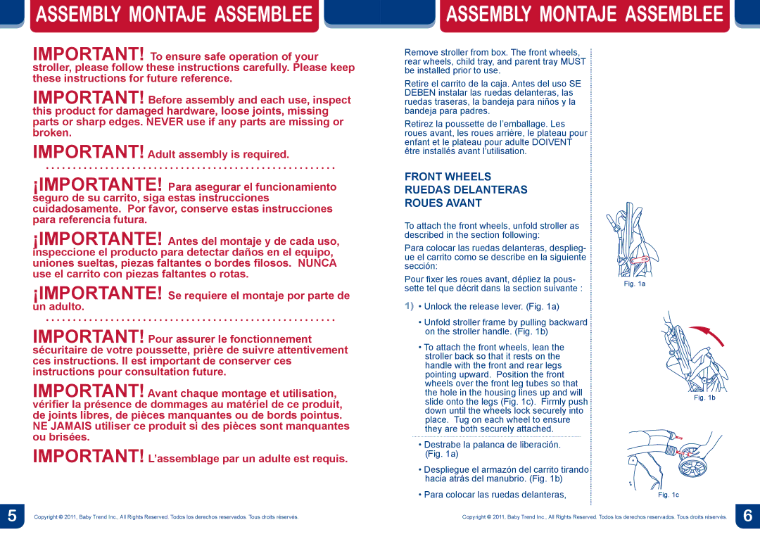 Baby Trend ST19, ST29 manual Assembly Montaje Assemblee, Front Wheels Ruedas Delanteras Roues Avant 