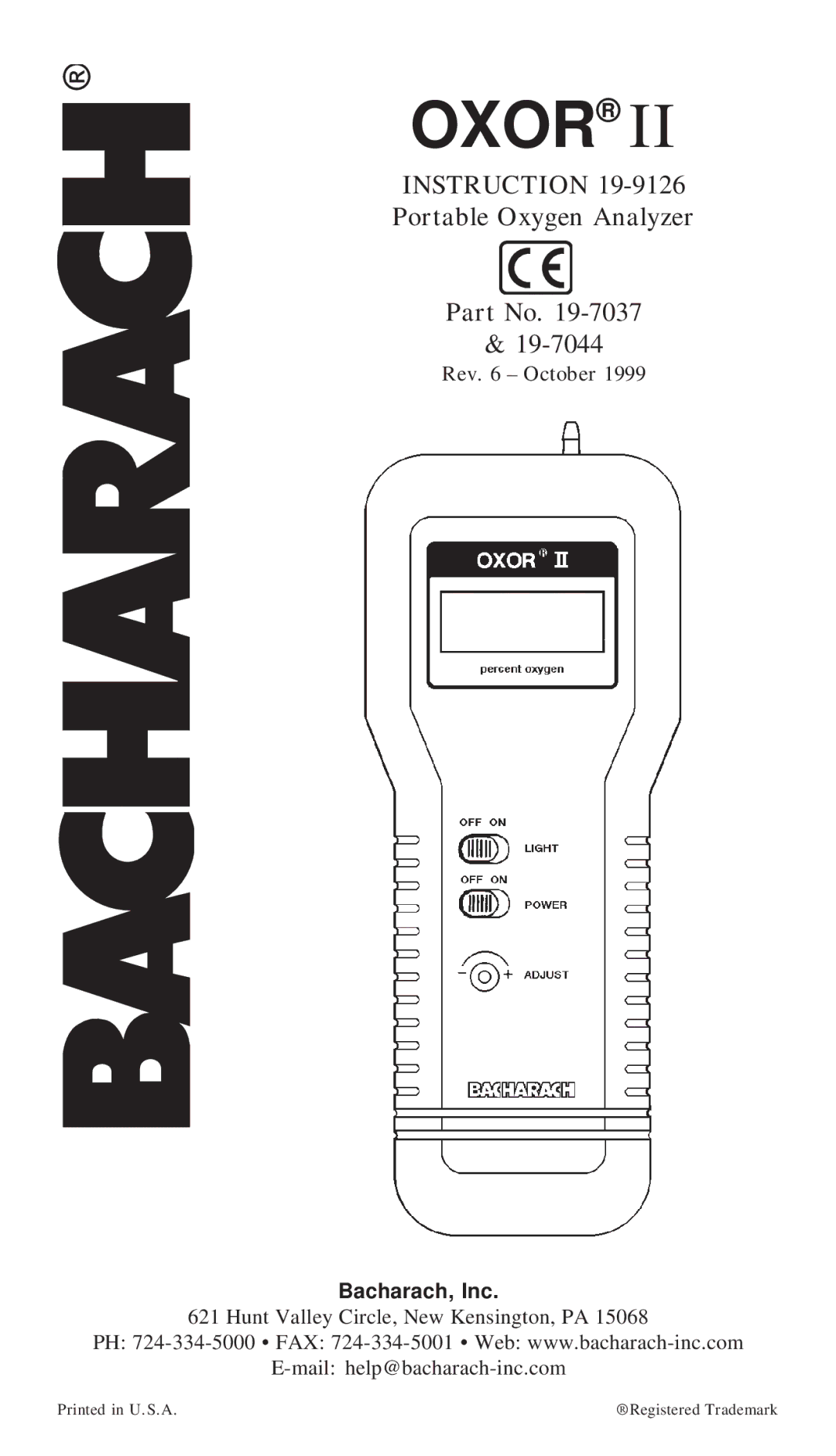 Bacharach 19-7037 manual Oxor, Portable Oxygen Analyzer 19-7044 