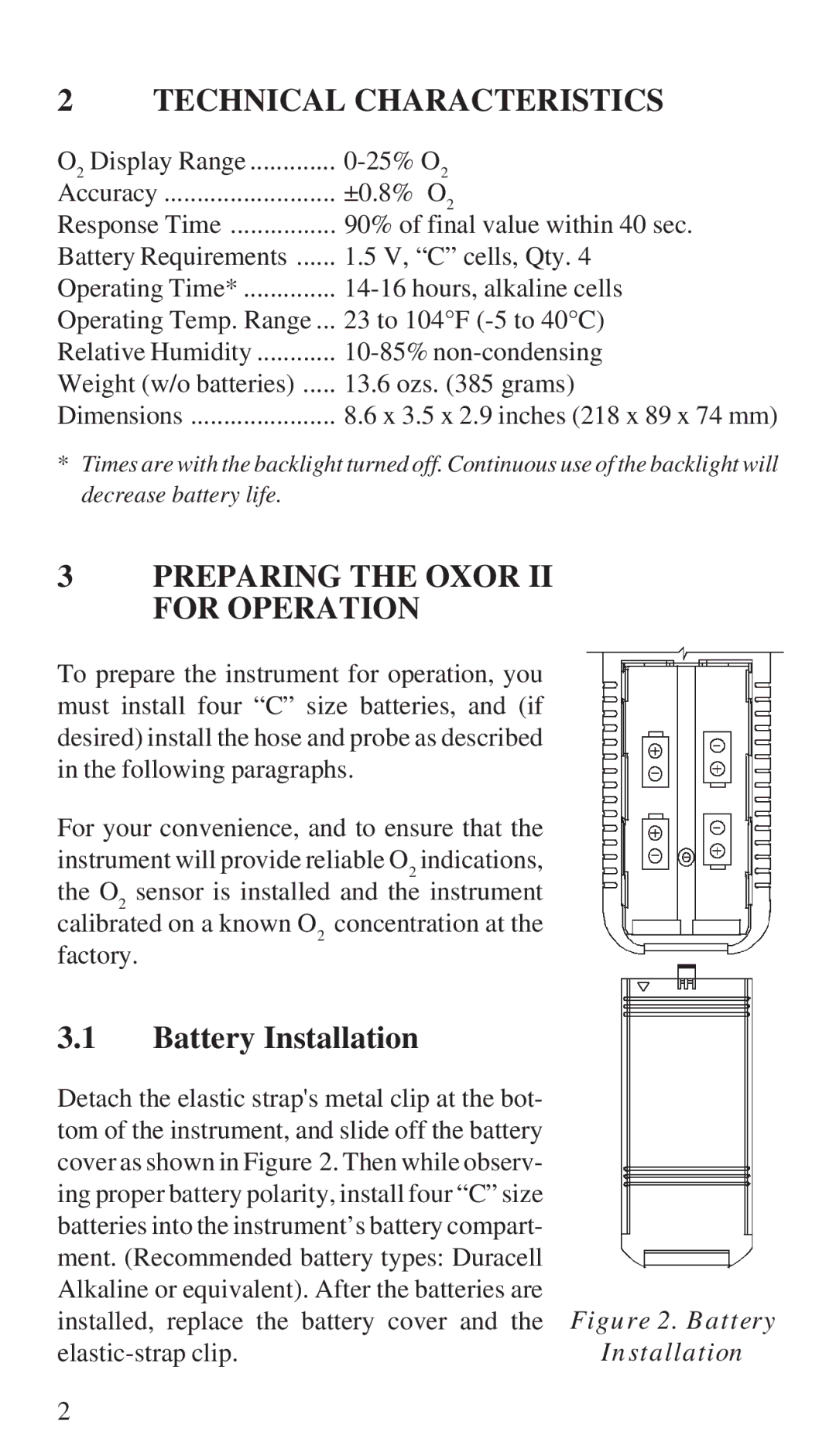 Bacharach 19-7037, 19-7044 manual Technical Characteristics, Preparing the Oxor II for Operation, Battery Installation 