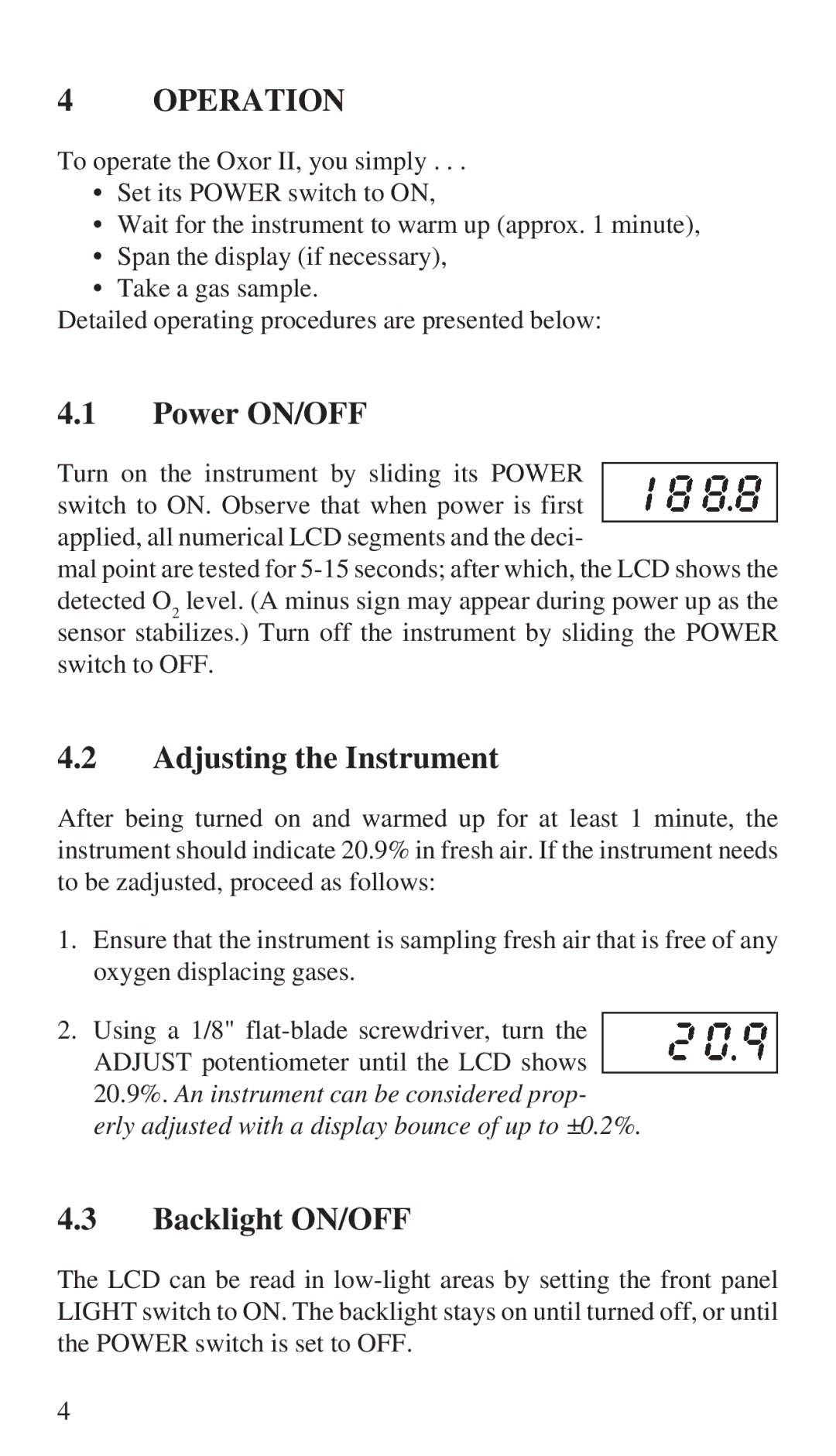 Bacharach 19-7037, 19-7044 manual Operation, Power ON/OFF, Adjusting the Instrument, Backlight ON/OFF 