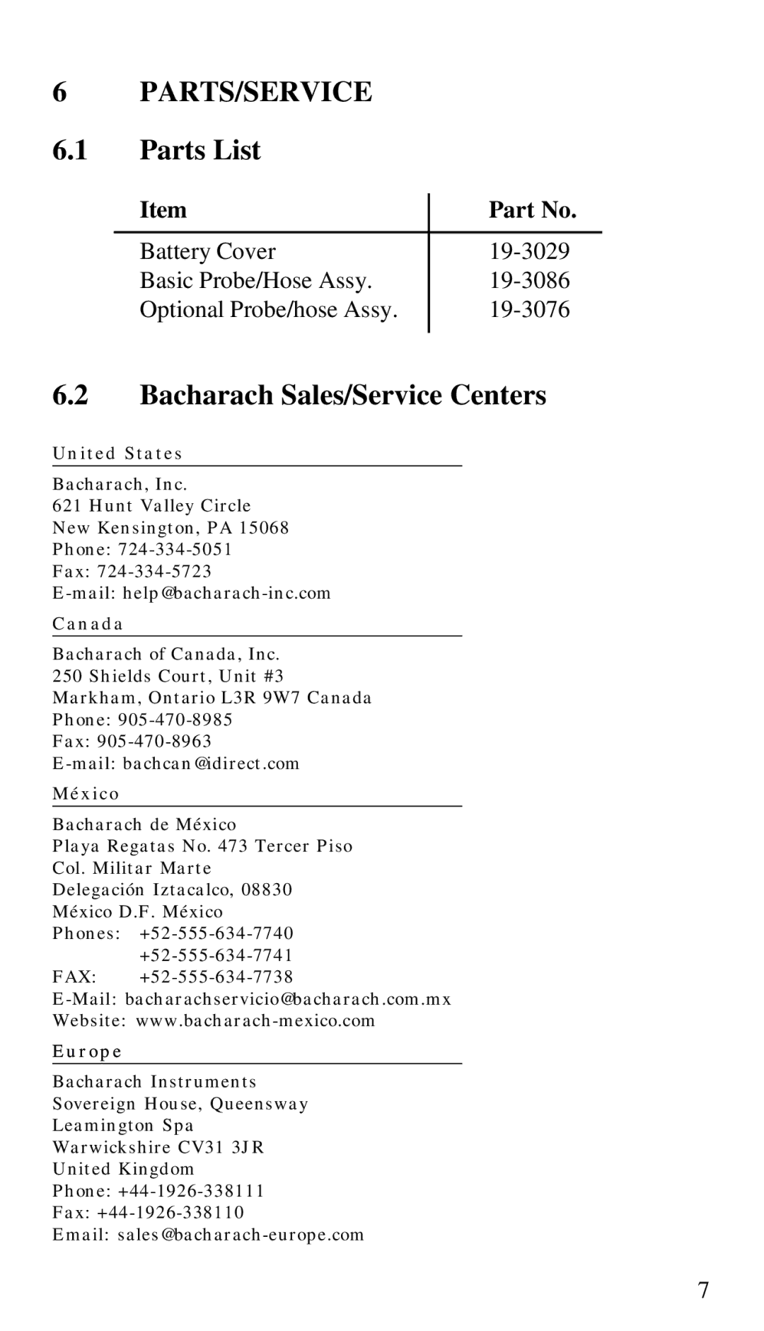 Bacharach 19-7044, 19-7037 manual Parts/Service, Parts List, Bacharach Sales/Service Centers 