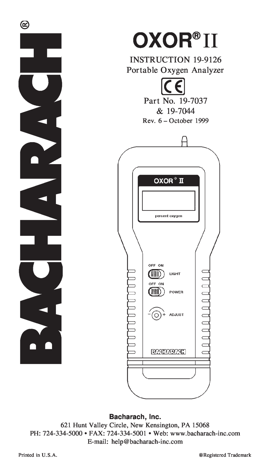 Bacharach 19-7044 manual INSTRUCTION Portable Oxygen Analyzer, Oxor, Rev. 6 - October, Bacharach, Inc, Printed in U.S.A 