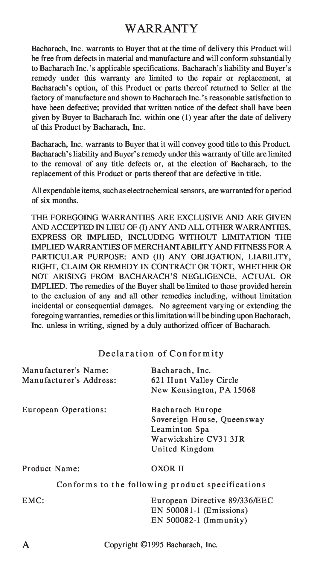 Bacharach 19-7037, 19-7044 manual Warranty, Declaration of Conformity 