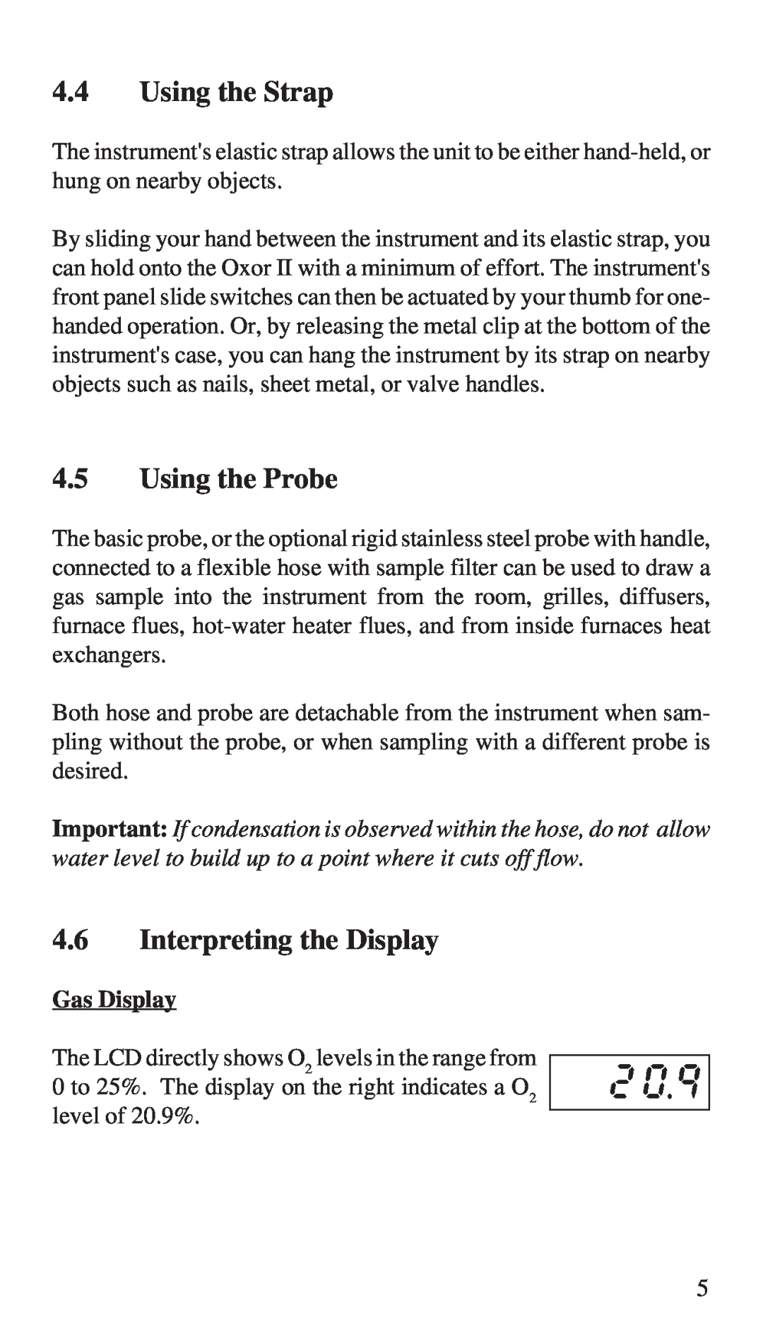 Bacharach 19-7044, 19-7037 manual Using the Strap, Using the Probe, Interpreting the Display, Gas Display 
