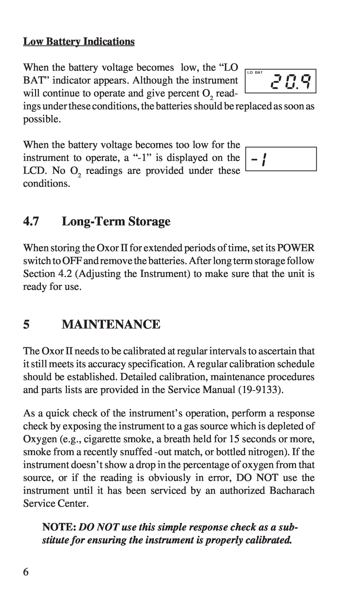 Bacharach 19-7037, 19-7044 manual Long-Term Storage, Maintenance, Low Battery Indications 