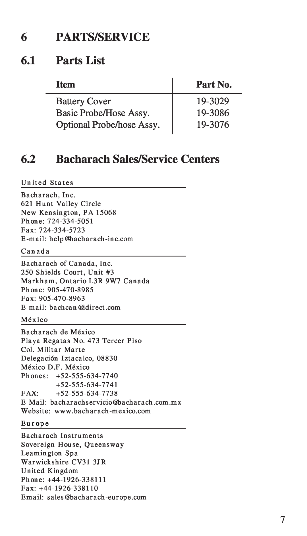 Bacharach 19-7044 manual Parts/Service, Parts List, Bacharach Sales/Service Centers, United States, Canada, México, Europe 