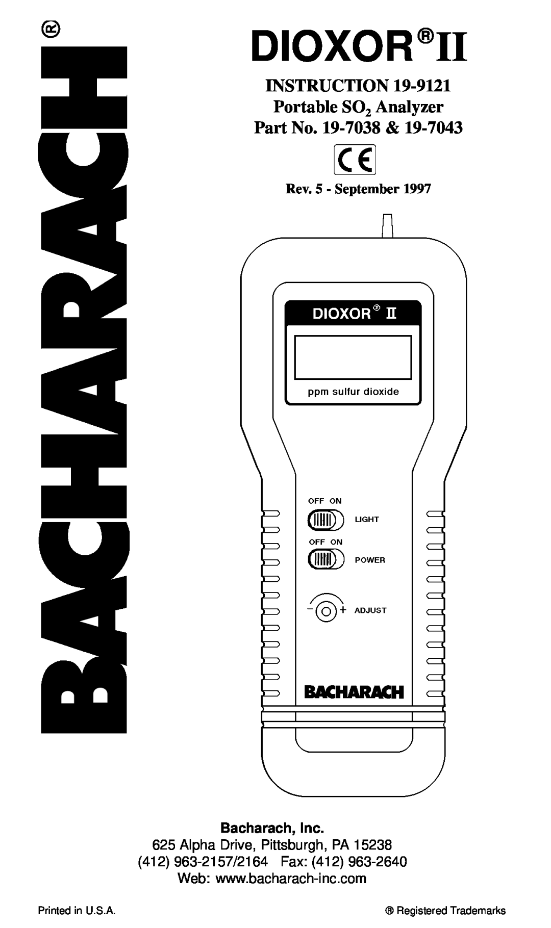 Bacharach 19-7038, 19-7043 manual INSTRUCTION Portable SO2 Analyzer, Dioxor, Rev. 5 - September, Bacharach, Inc 