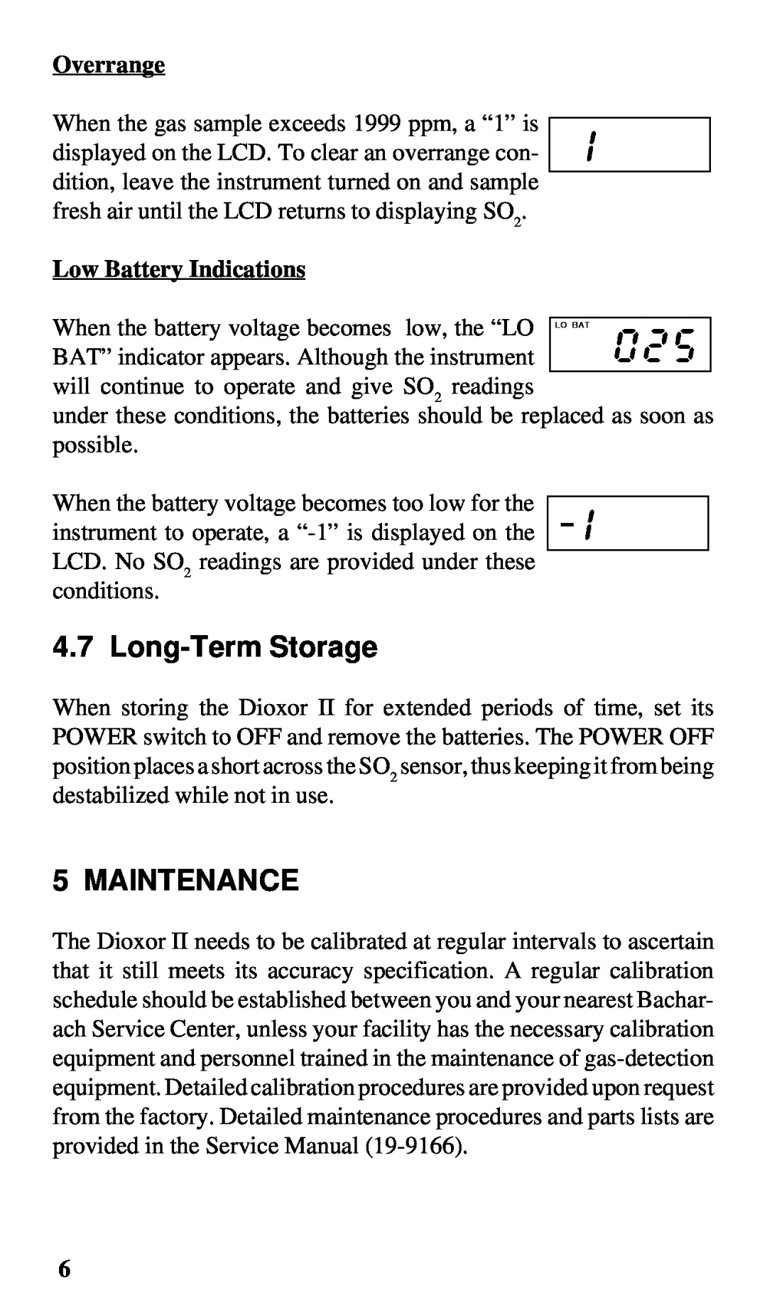 Bacharach 19-7043, 19-7038 manual Long-TermStorage, Maintenance, Overrange, Low Battery Indications 