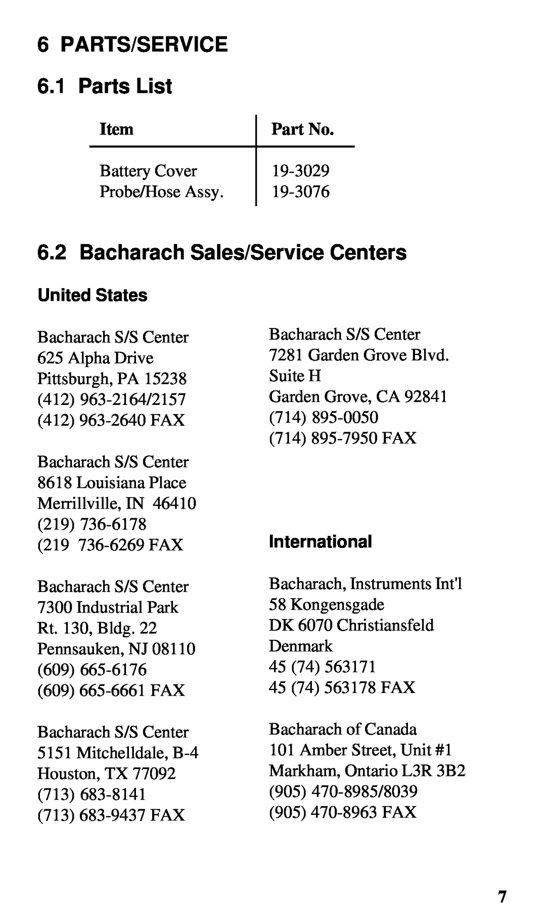 Bacharach 19-7038, 19-7043 6PARTS/SERVICE 6.1 Parts List, Bacharach Sales/Service Centers, United States, International 