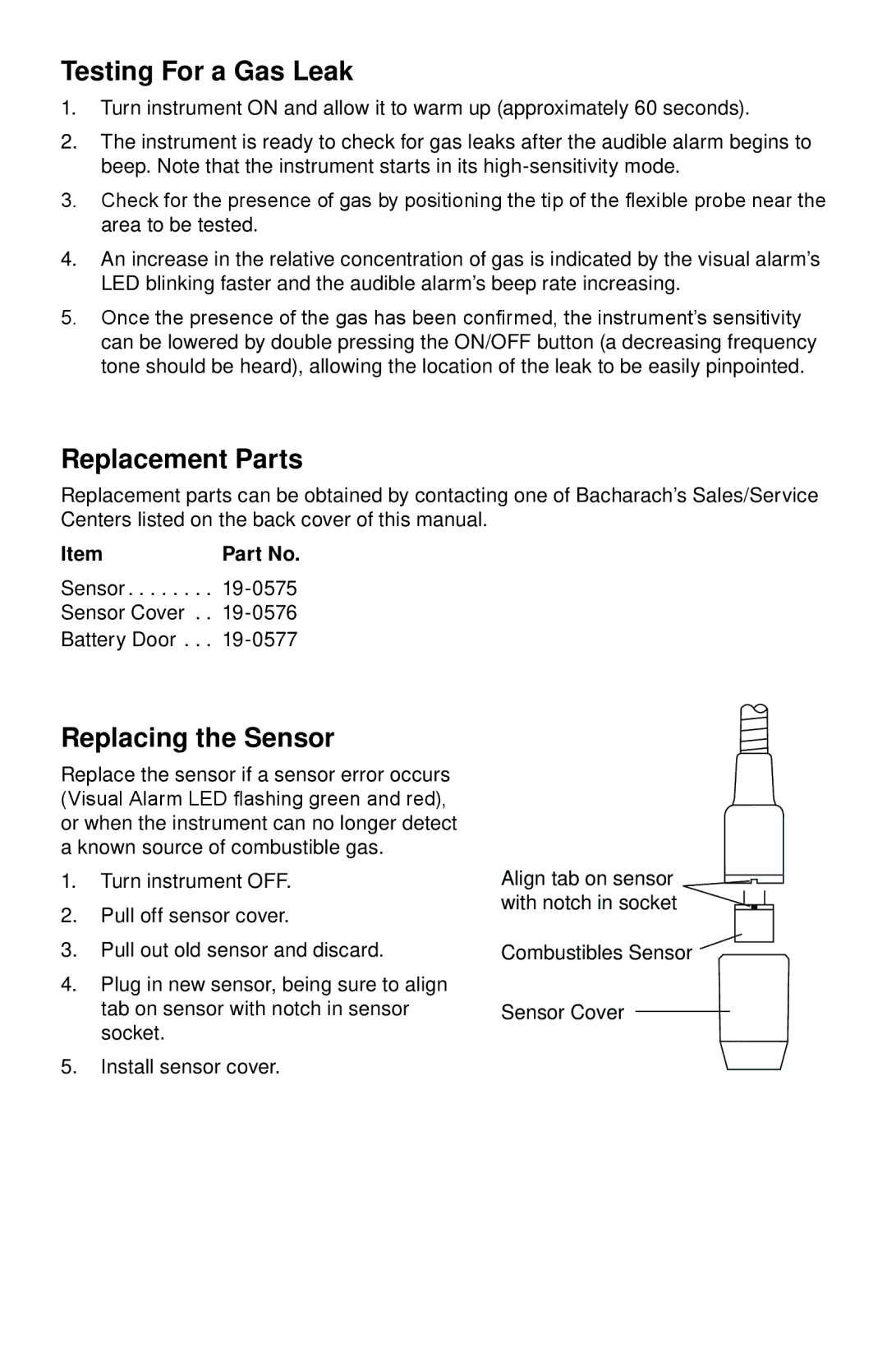 Bacharach 19-9336 manual Testing For a Gas Leak, Replacement Parts, Replacing the Sensor 