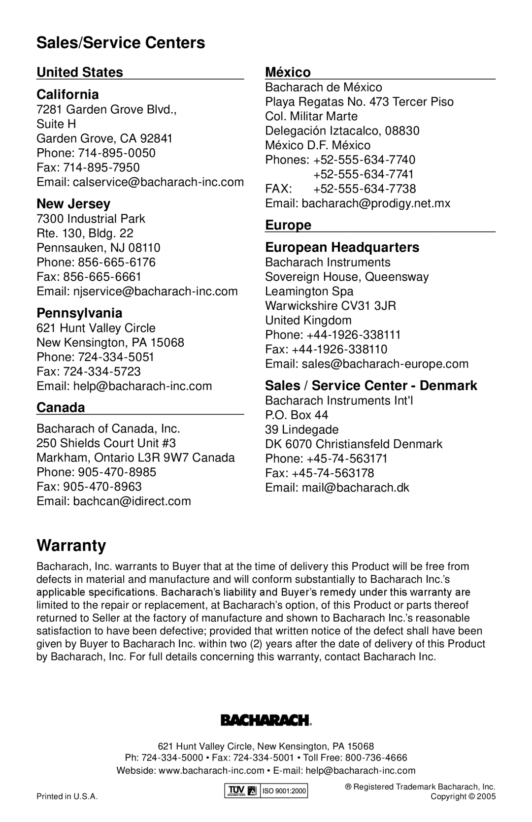 Bacharach 19-9336 manual Sales/Service Centers, Warranty 