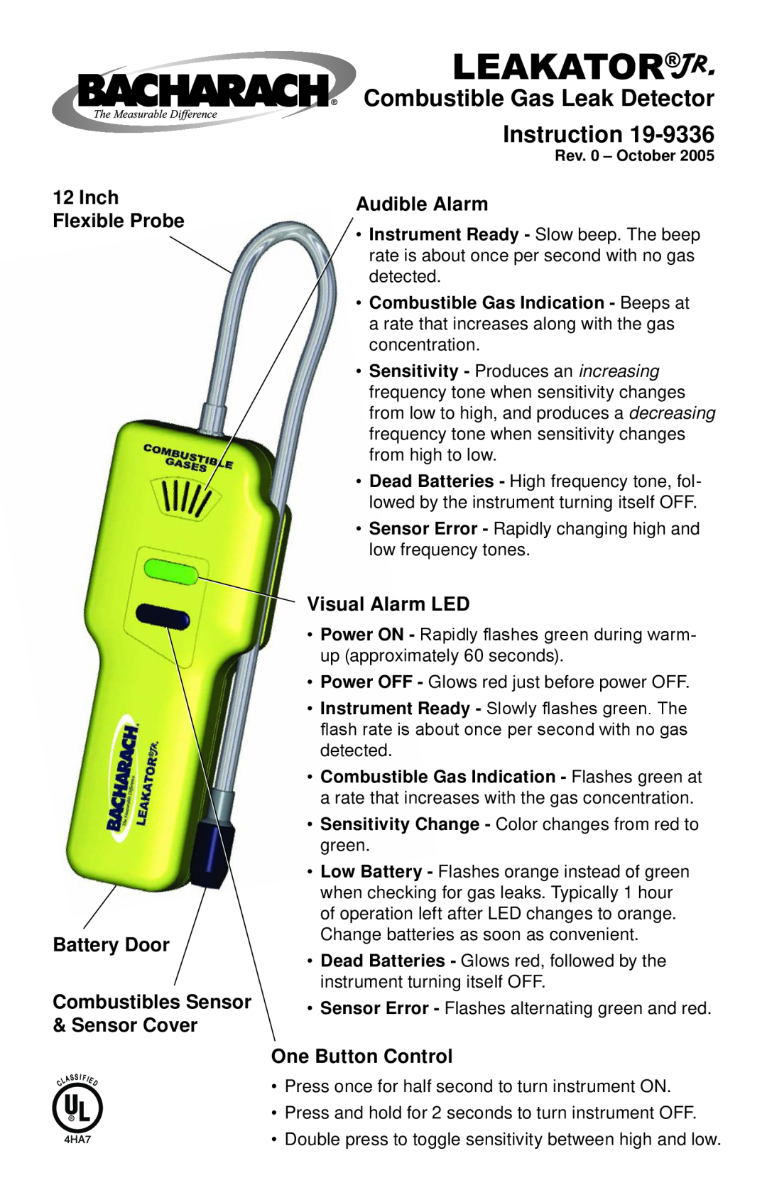 Bacharach 19-9336 manual Instruction, 12Inch Flexible Probe Battery Door, Combustibles Sensor & Sensor Cover 