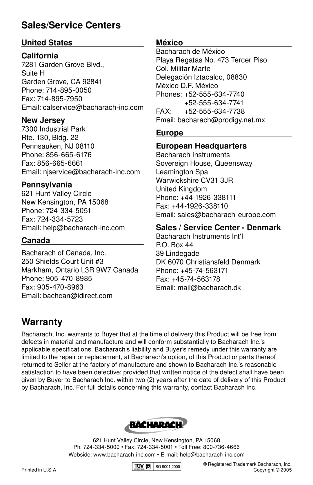 Bacharach 19-9336 Sales/Service Centers, Warranty, United States California, New Jersey, Pennsylvania, Canada, México 