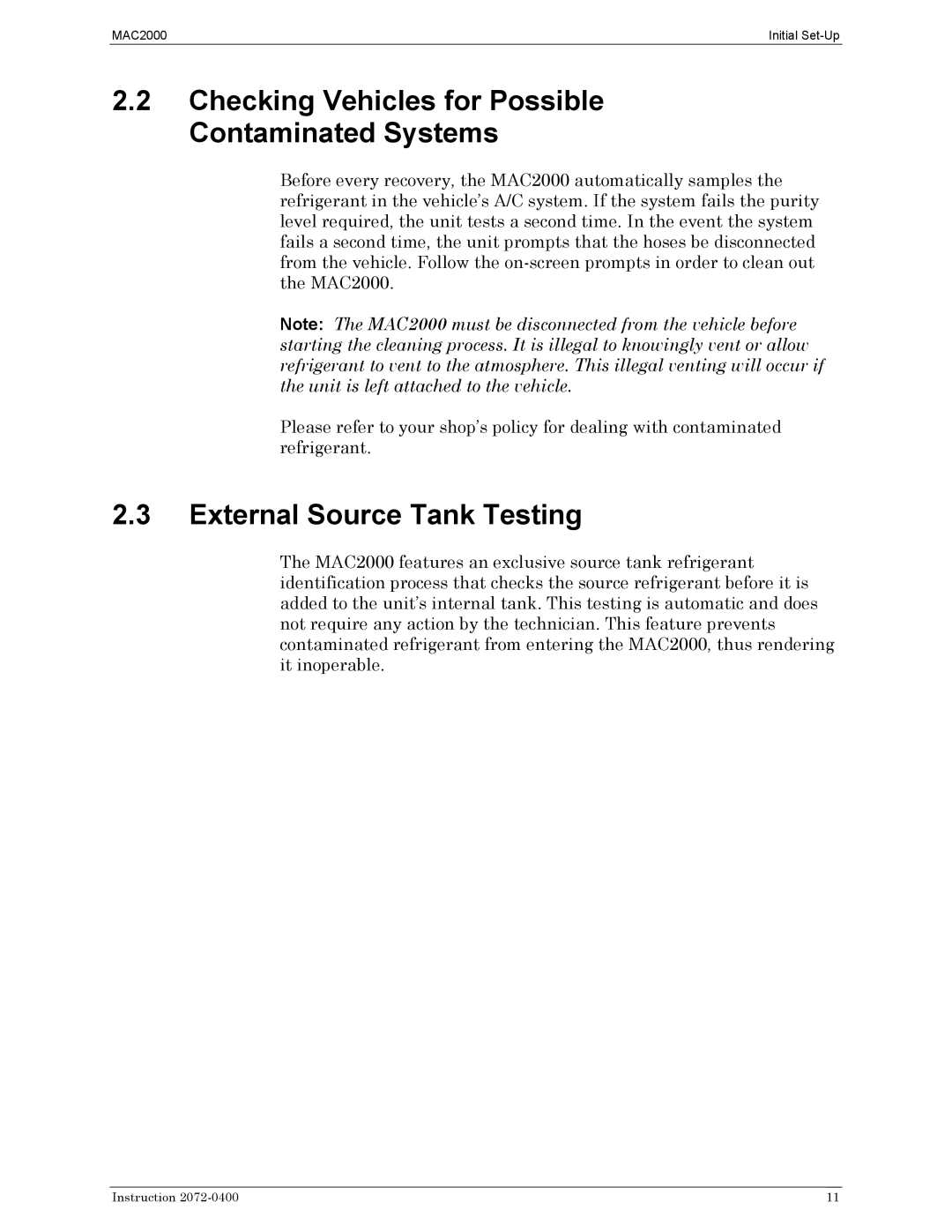 Bacharach 2072-0400 manual Checking Vehicles for Possible Contaminated Systems, External Source Tank Testing 