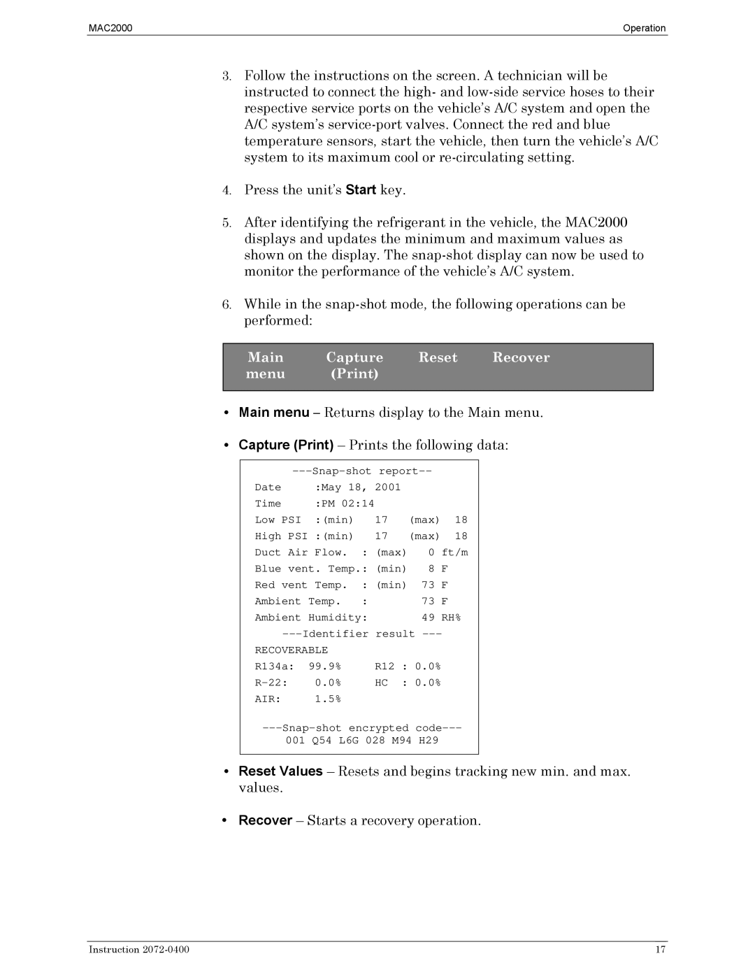 Bacharach 2072-0400 manual Main Capture Reset Recover Menu Print 