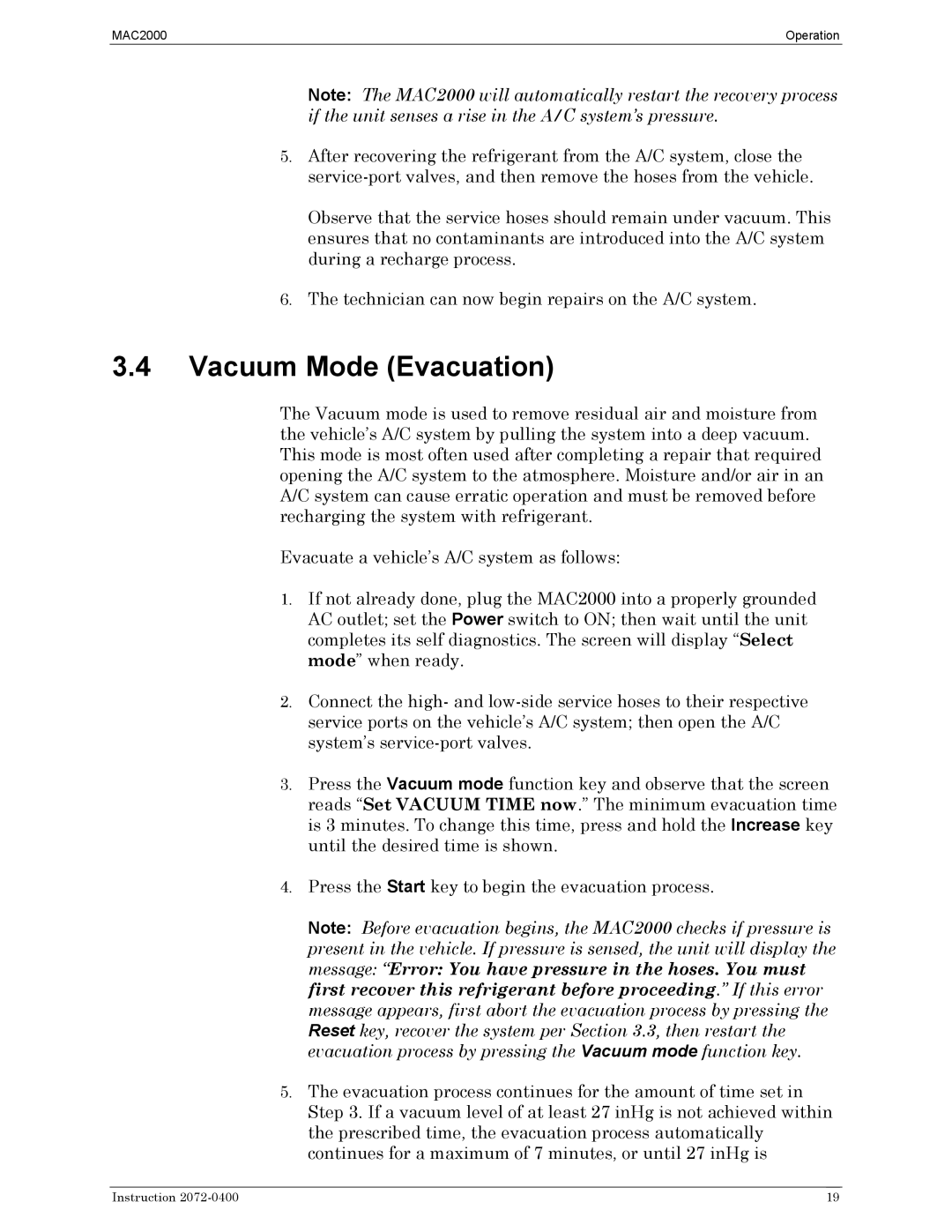 Bacharach 2072-0400 manual Vacuum Mode Evacuation 