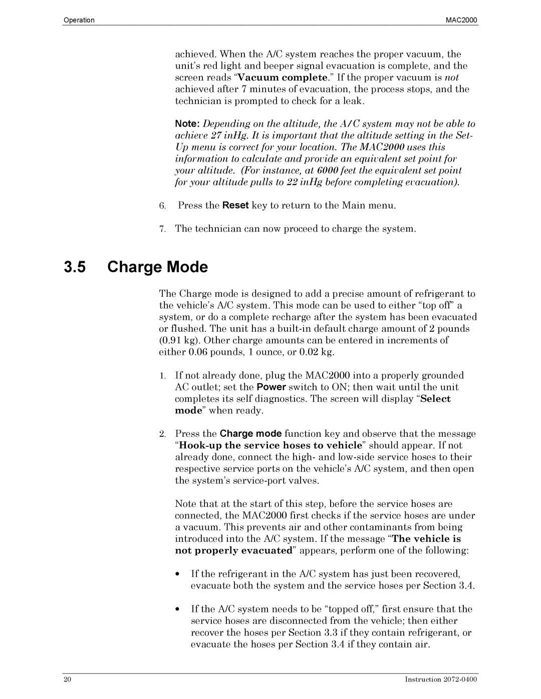 Bacharach 2072-0400 manual Charge Mode 