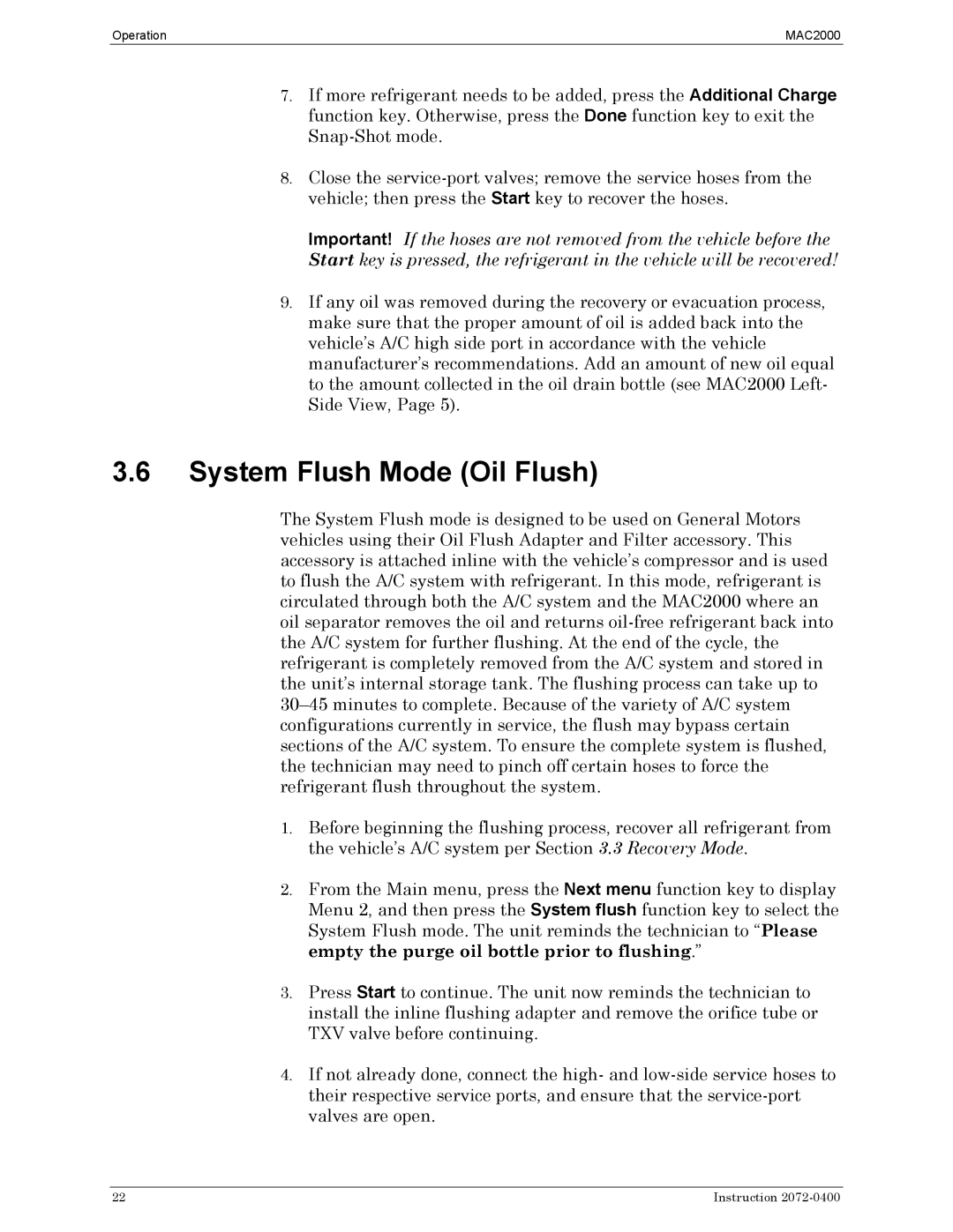 Bacharach 2072-0400 manual System Flush Mode Oil Flush 