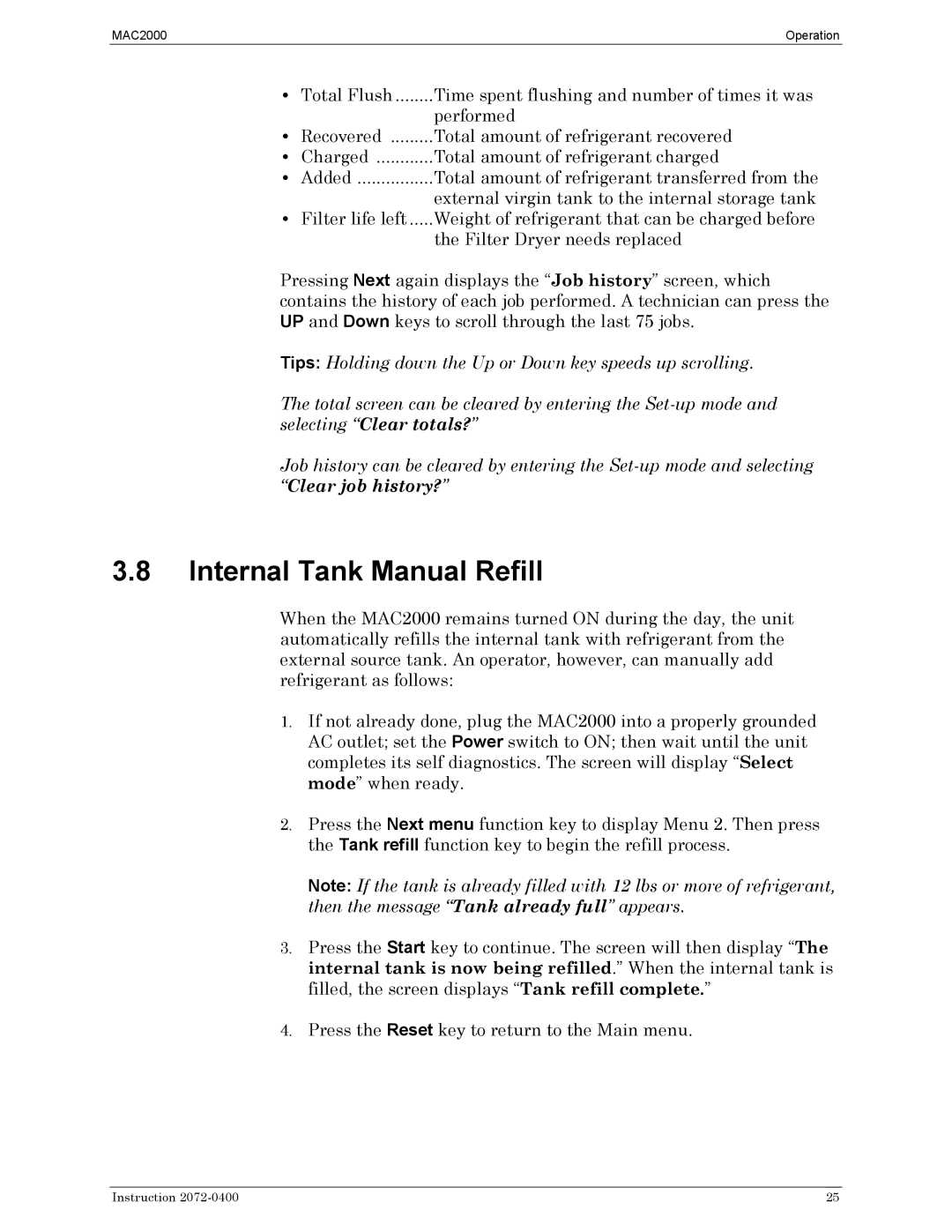 Bacharach 2072-0400 manual Internal Tank Manual Refill 