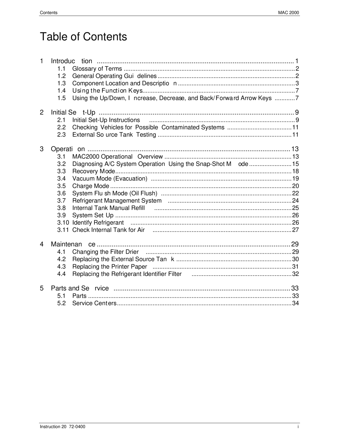 Bacharach 2072-0400 manual Table of Contents 