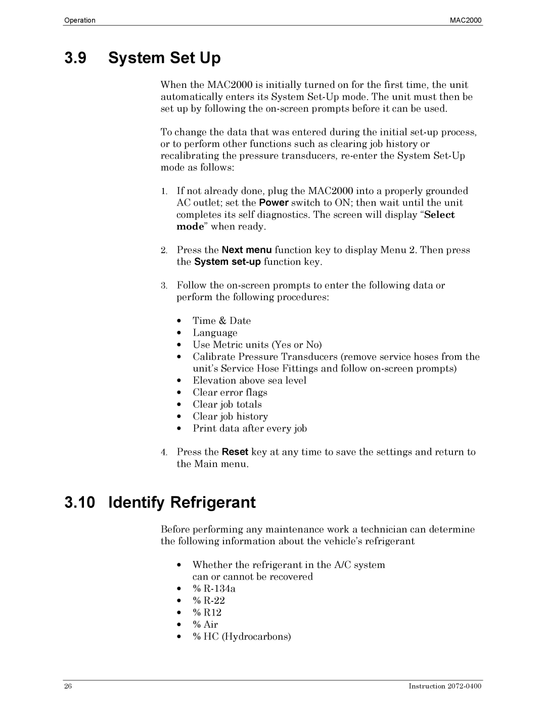 Bacharach 2072-0400 manual System Set Up, Identify Refrigerant 