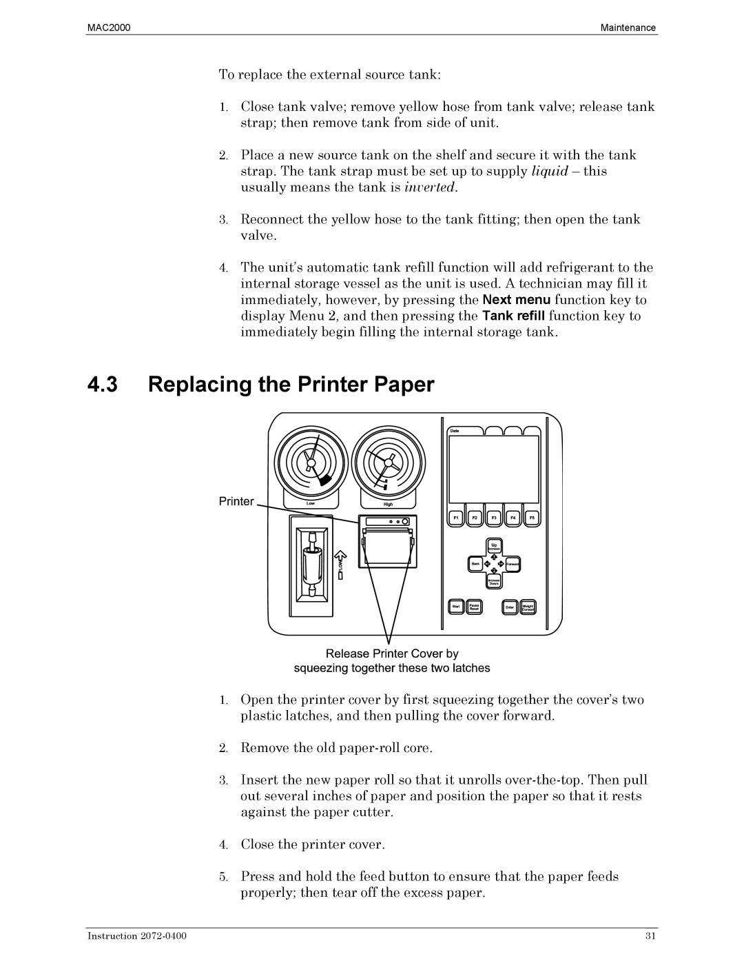 Bacharach 2072-0400 manual Replacing the Printer Paper 