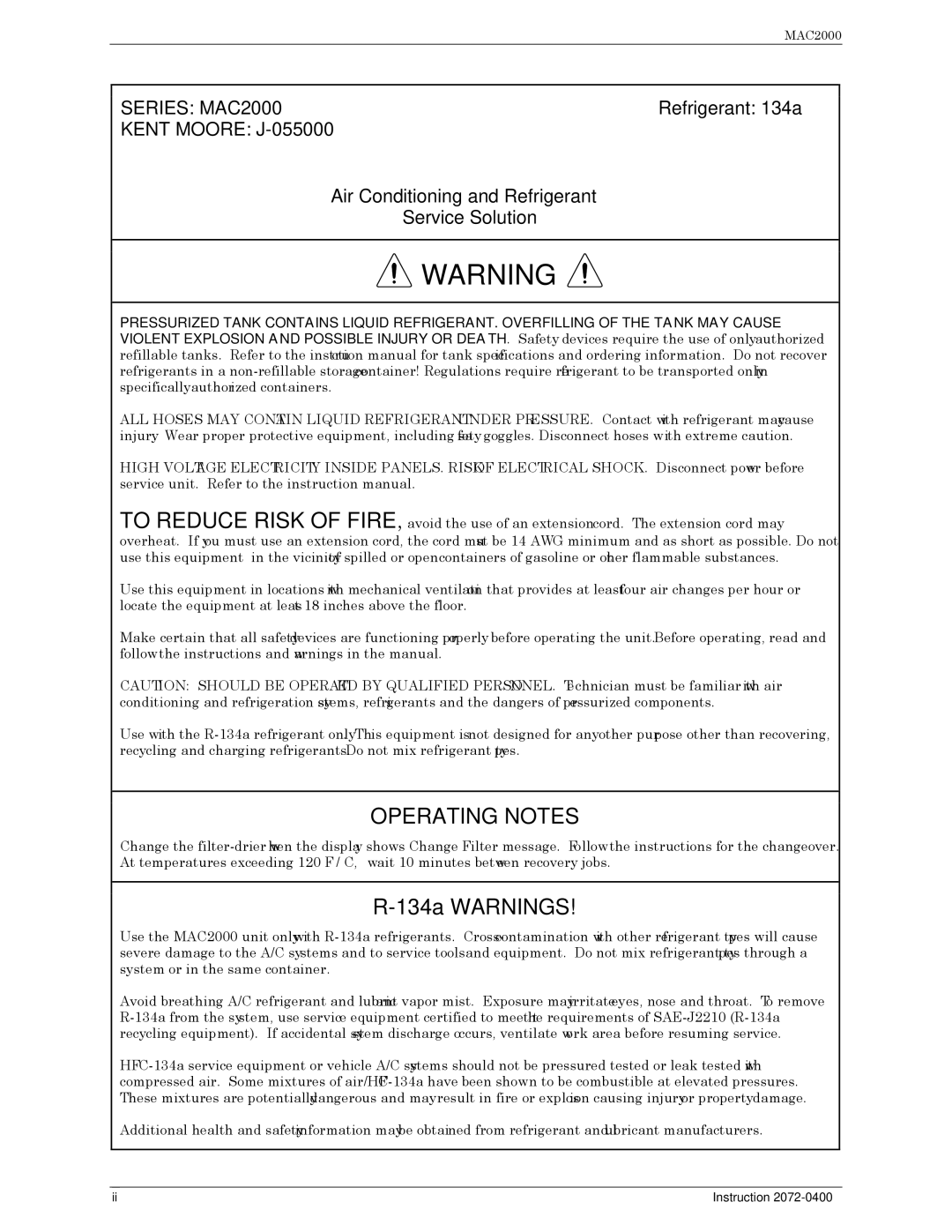 Bacharach 2072-0400 manual Operating Notes 