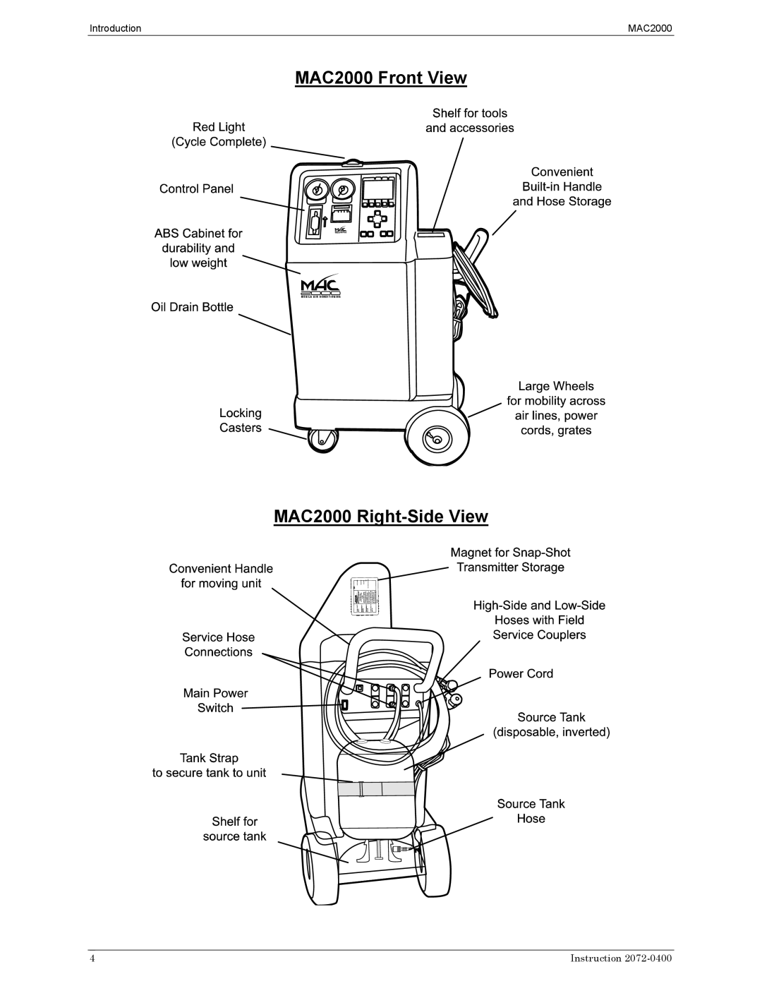 Bacharach 2072-0400 manual MAC2000 Front View MAC2000 Right-Side View 