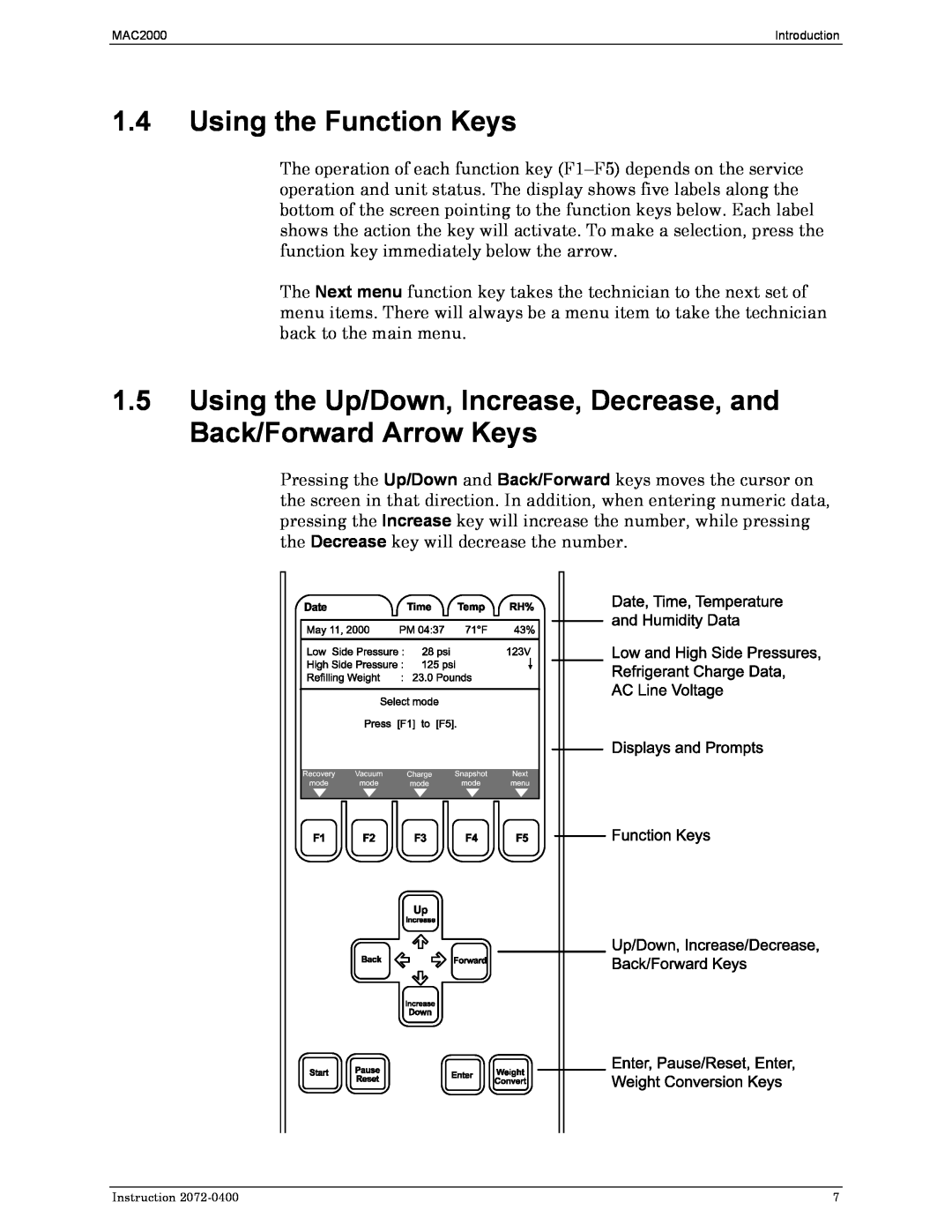 Bacharach 2072-0400 manual 1.4Using the Function Keys, Instruction 
