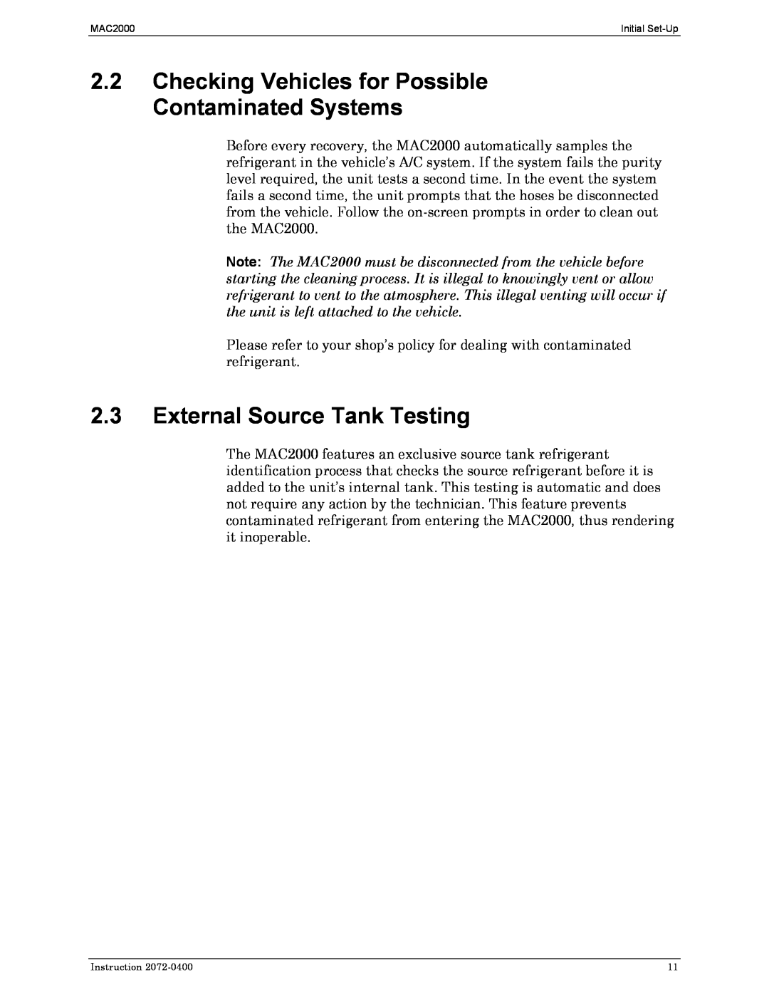 Bacharach 2072-0400 manual 2.3External Source Tank Testing, Instruction 