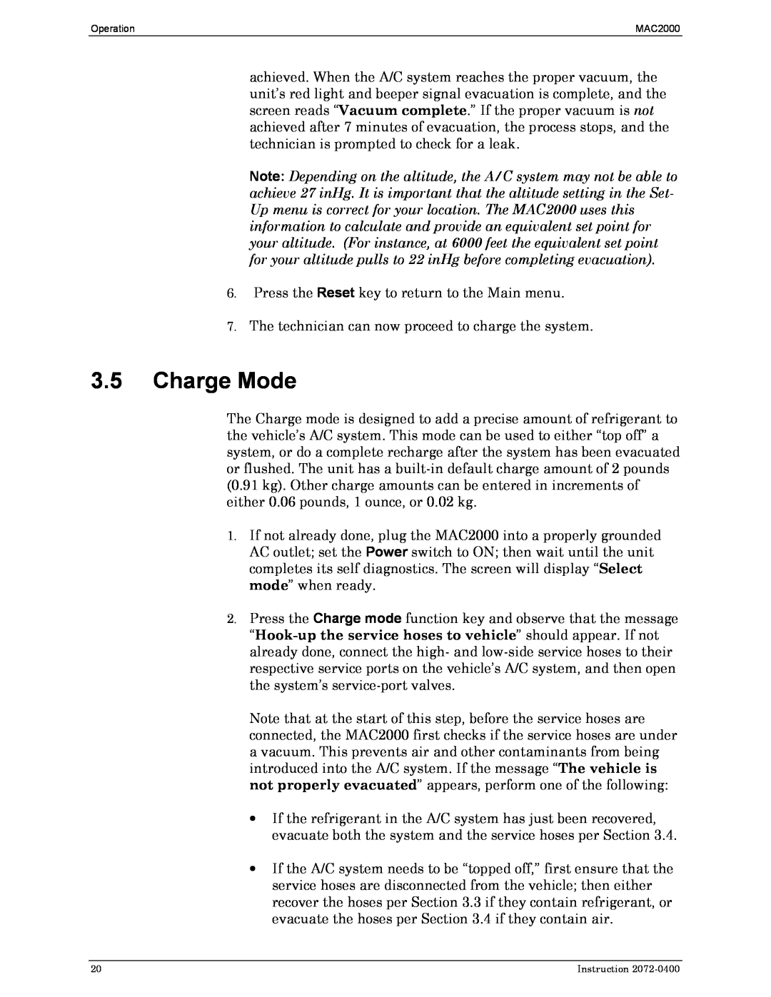 Bacharach 2072-0400 manual 3.5Charge Mode 