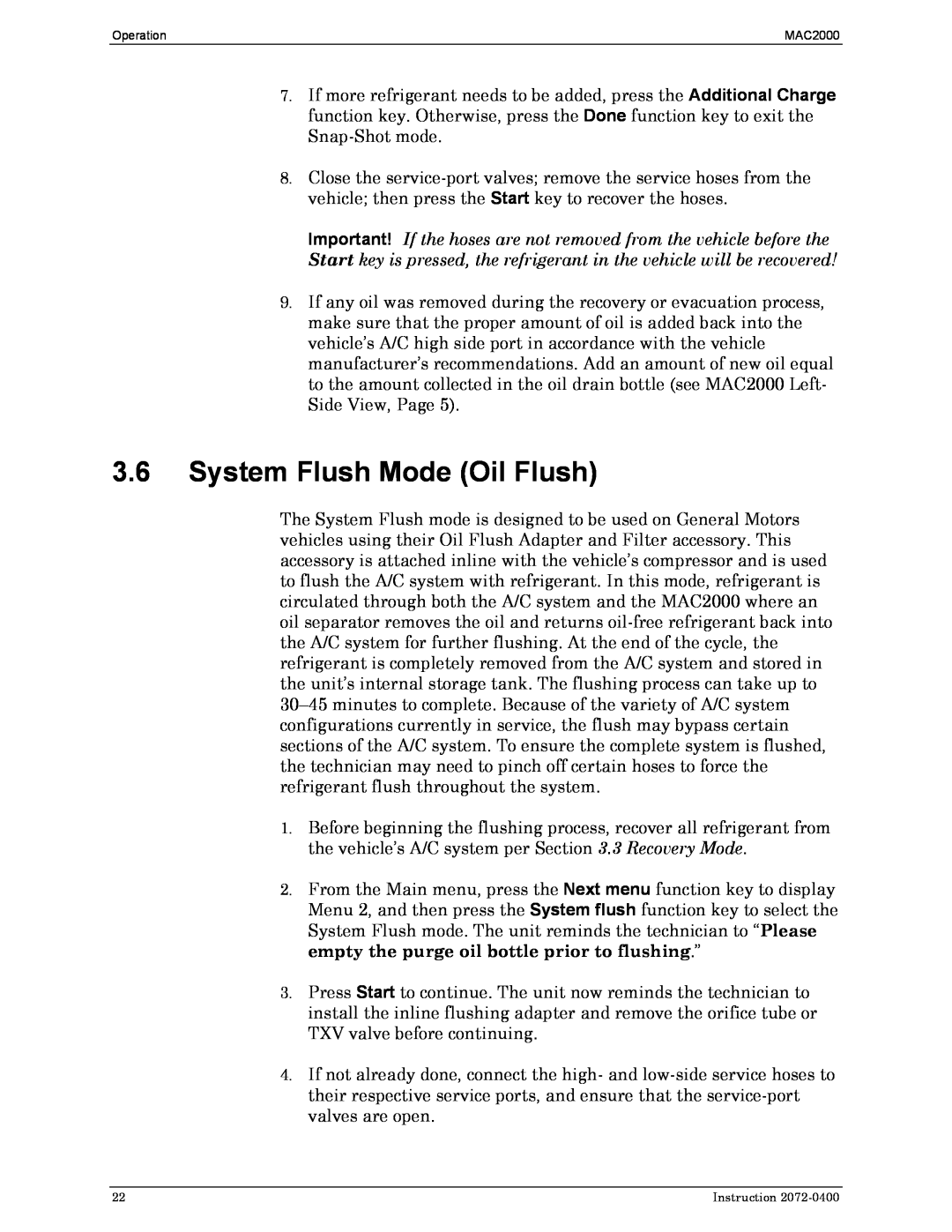 Bacharach 2072-0400 manual 3.6System Flush Mode Oil Flush 