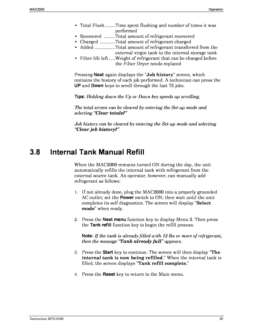 Bacharach 2072-0400 manual 3.8Internal Tank Manual Refill 