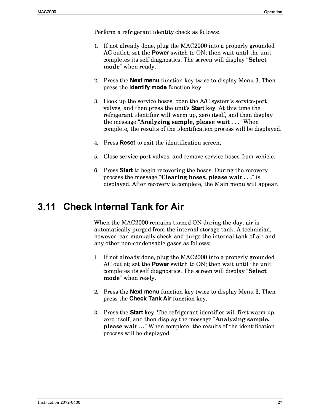 Bacharach 2072-0400 manual 3.11Check Internal Tank for Air 