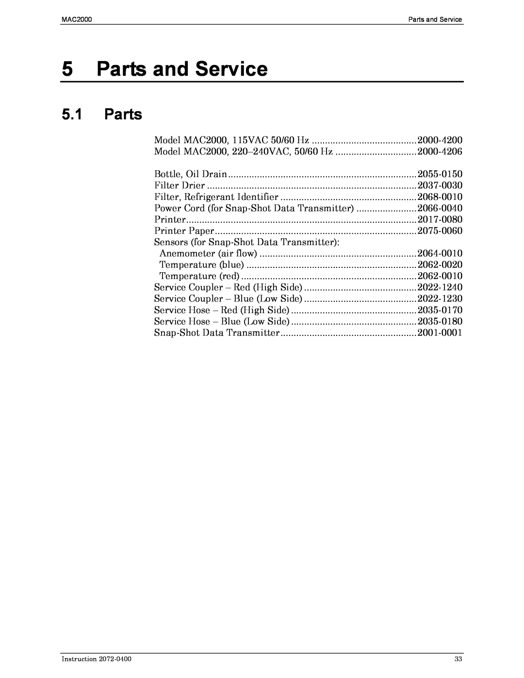 Bacharach 2072-0400 manual Parts and Service, 5.1Parts 