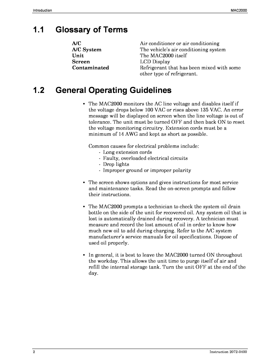 Bacharach 2072-0400 manual 1.1Glossary of Terms, 1.2General Operating Guidelines, A/C System, Unit, Screen, Contaminated 