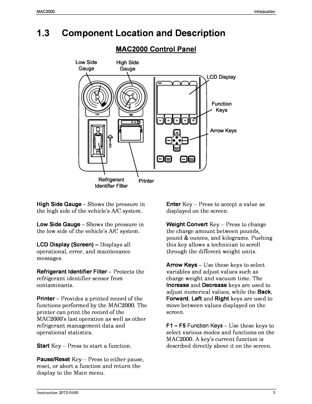 Bacharach 2072-0400 manual 1.3Component Location and Description, MAC2000 Control Panel 
