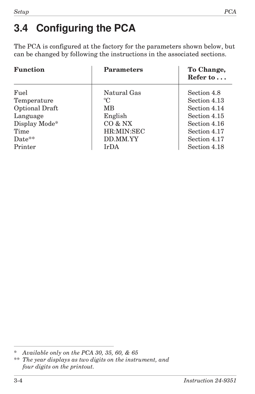 Bacharach 24-9351 manual Configuring the PCA, Function Parameters To Change Refer to 