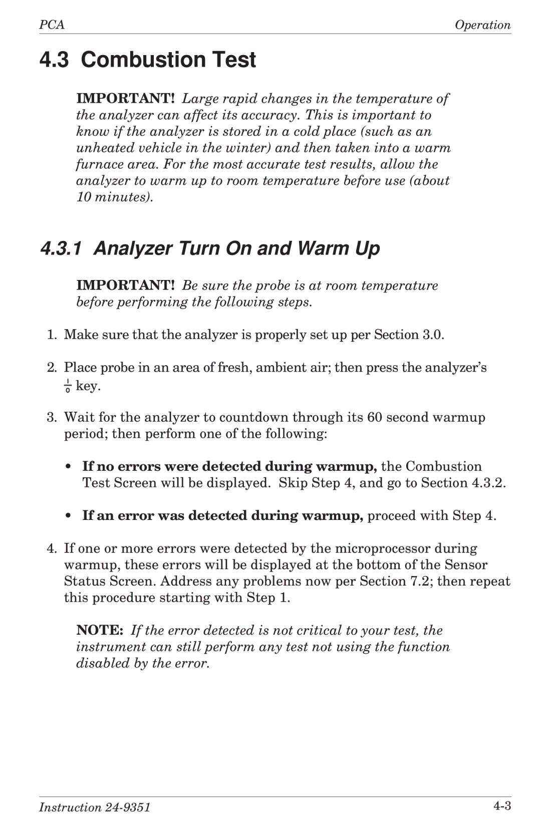 Bacharach 24-9351 manual Combustion Test, Analyzer Turn On and Warm Up 