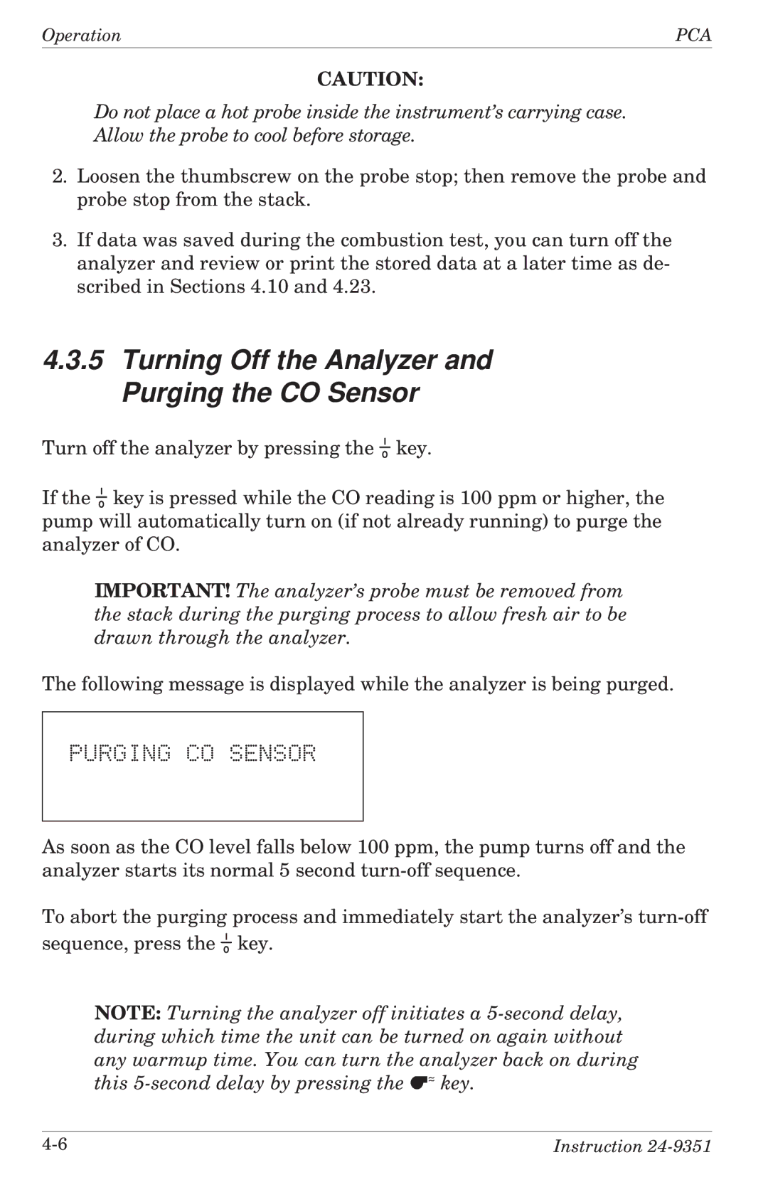 Bacharach 24-9351 manual Turning Off the Analyzer and Purging the CO Sensor, Purging CO Sensor 