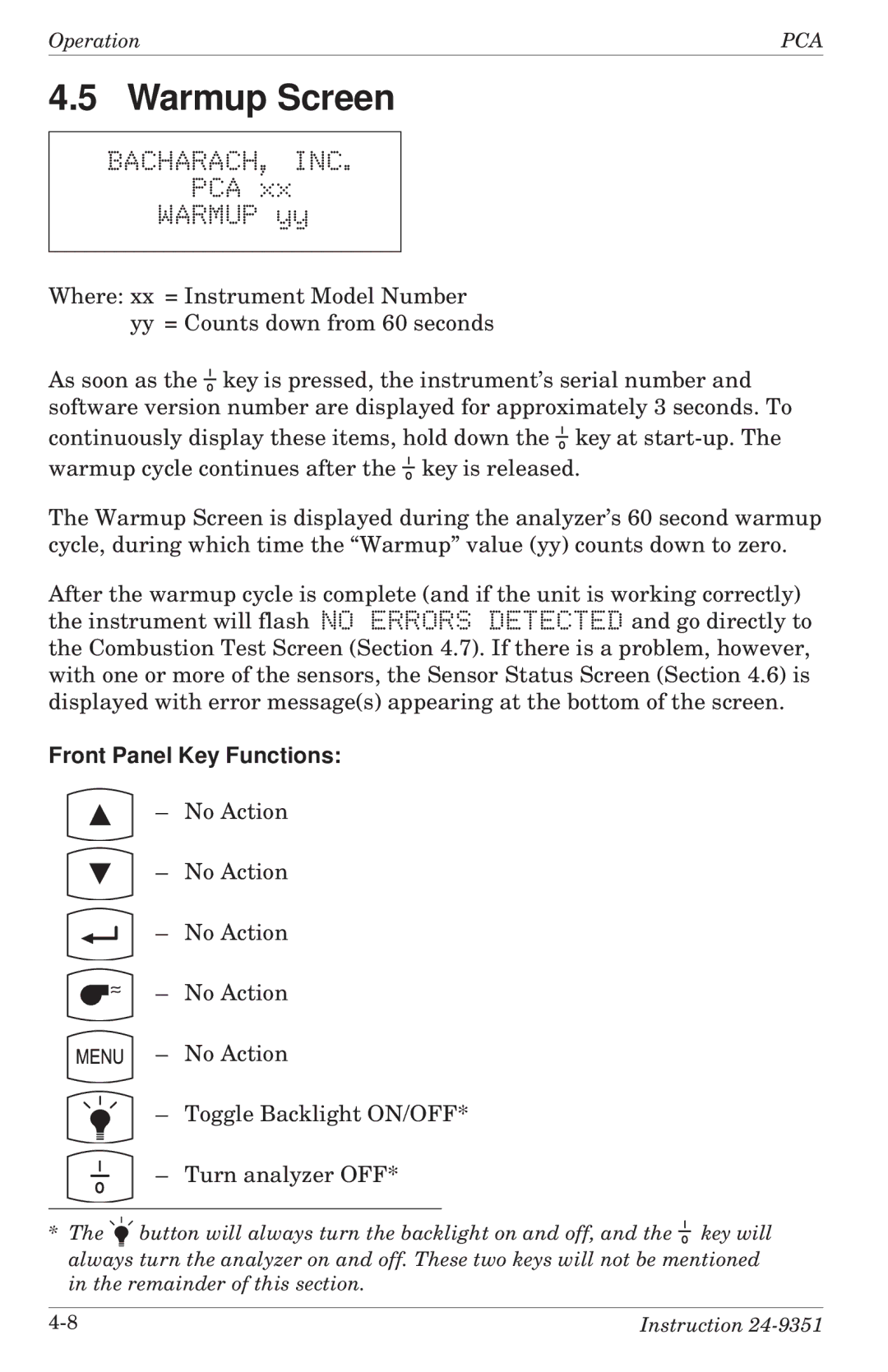 Bacharach 24-9351 manual Warmup Screen, Bacharach, Inc, PCA Warmup yy, Front Panel Key Functions 