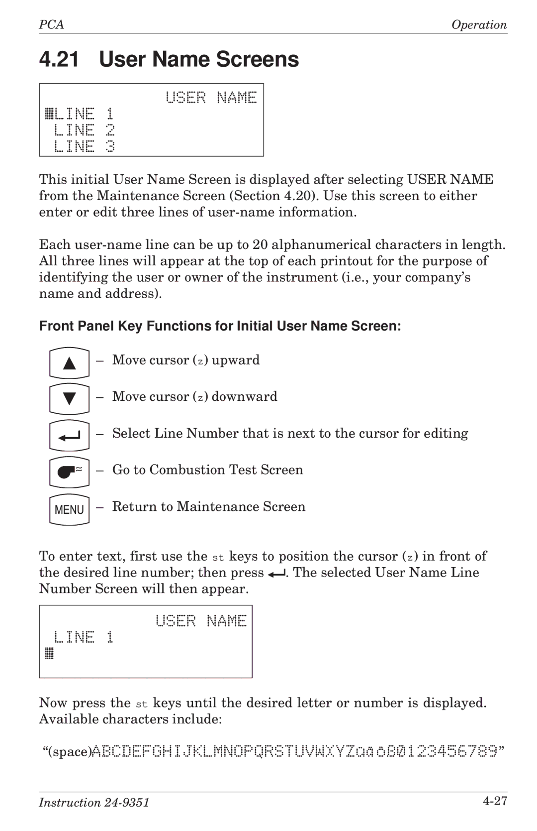 Bacharach 24-9351 User Name Screens, User Name «LINE 1 Line 2 Line, Front Panel Key Functions for Initial User Name Screen 