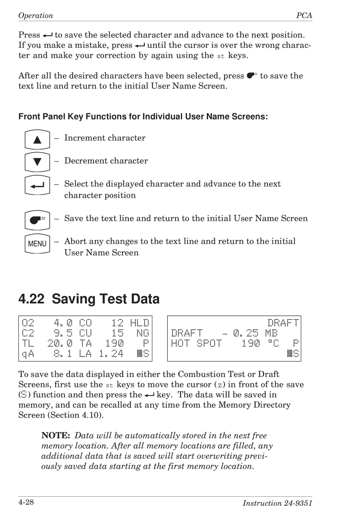 Bacharach 24-9351 manual Saving Test Data, Front Panel Key Functions for Individual User Name Screens, Hld, 20.0 190 