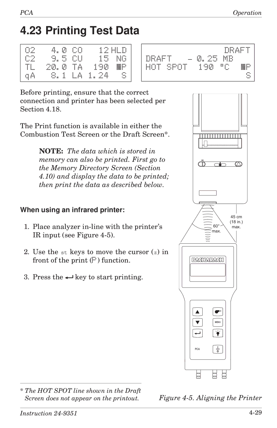 Bacharach 24-9351 manual Printing Test Data, 12 HLD, 190 C «P, When using an infrared printer 